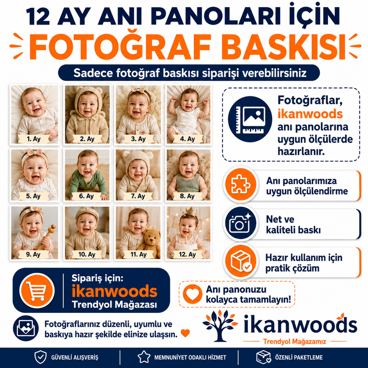 İKANWOODS 12 Ay Bebek Fotoğraf Baskısı 12’li Set Yüksek Çözünürlüklü 1 Yaş Anı Panosu Uyumlu