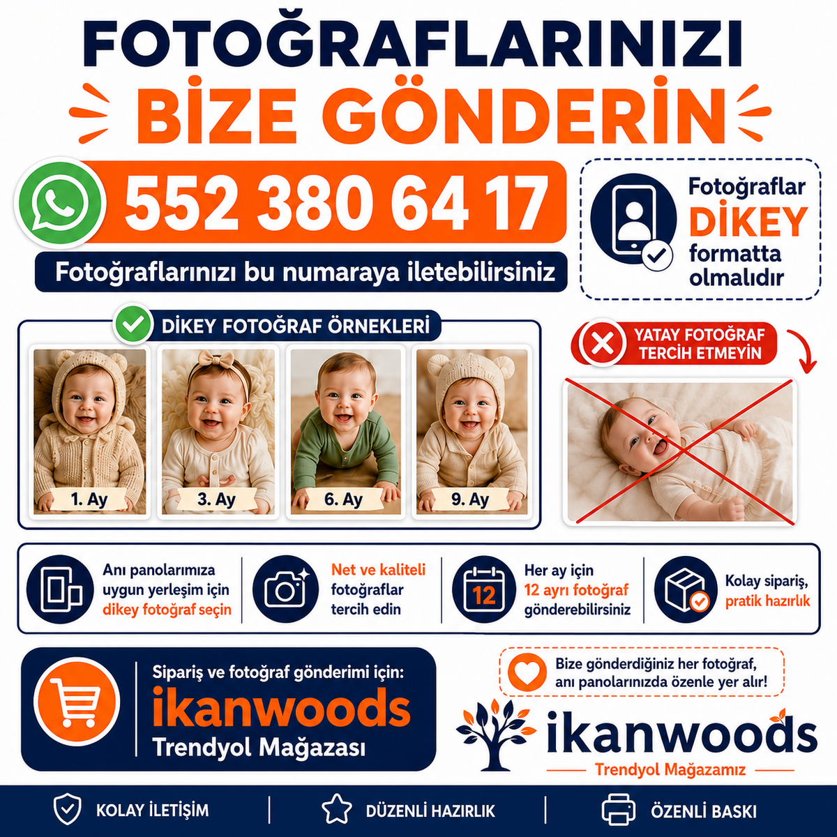 İKANWOODS 12 Ay Bebek Fotoğraf Baskısı 12’li Set Yüksek Çözünürlüklü 1 Yaş Anı Panosu Uyumlu